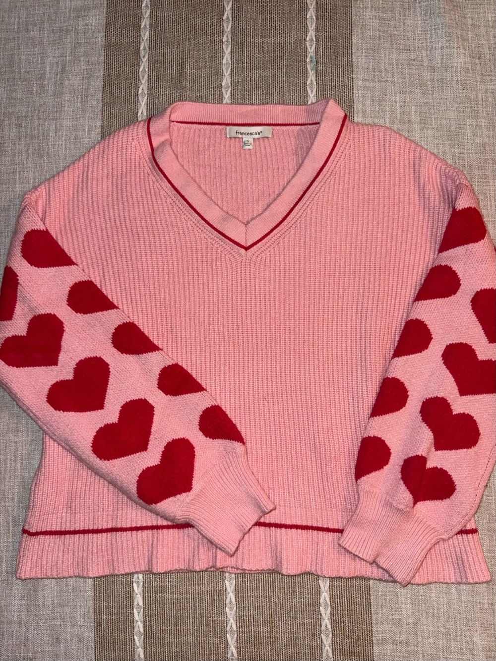 Francesca's Collections Pink V-Neck Sweater with Red Heart Sleeves